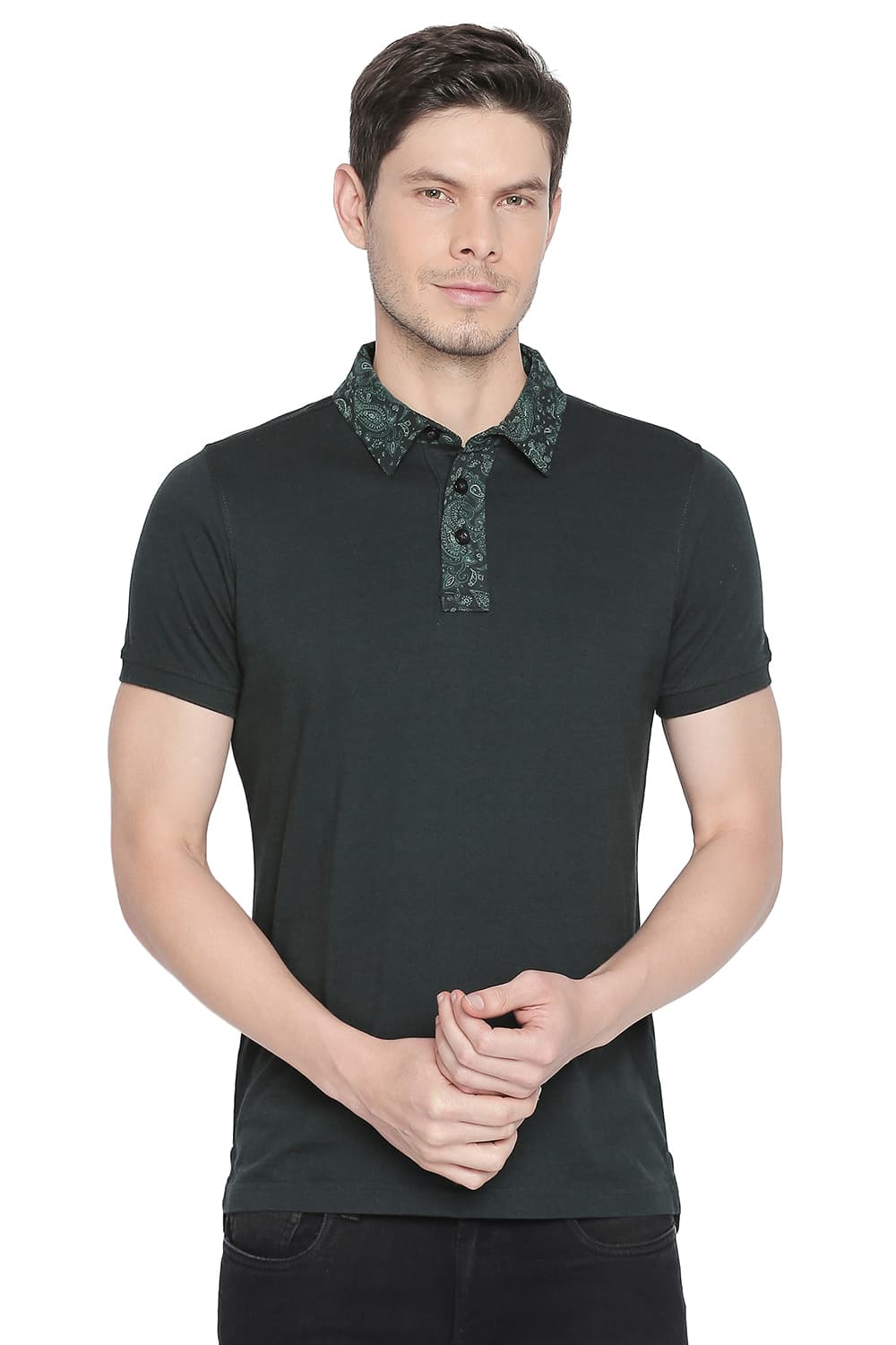 BASICS MUSCLE FIT PRINTED COLLAR POLO T SHIRT