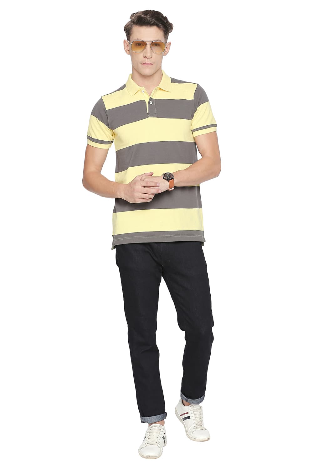 BASICS MUSCLE FIT STRIPE POLO T SHIRT