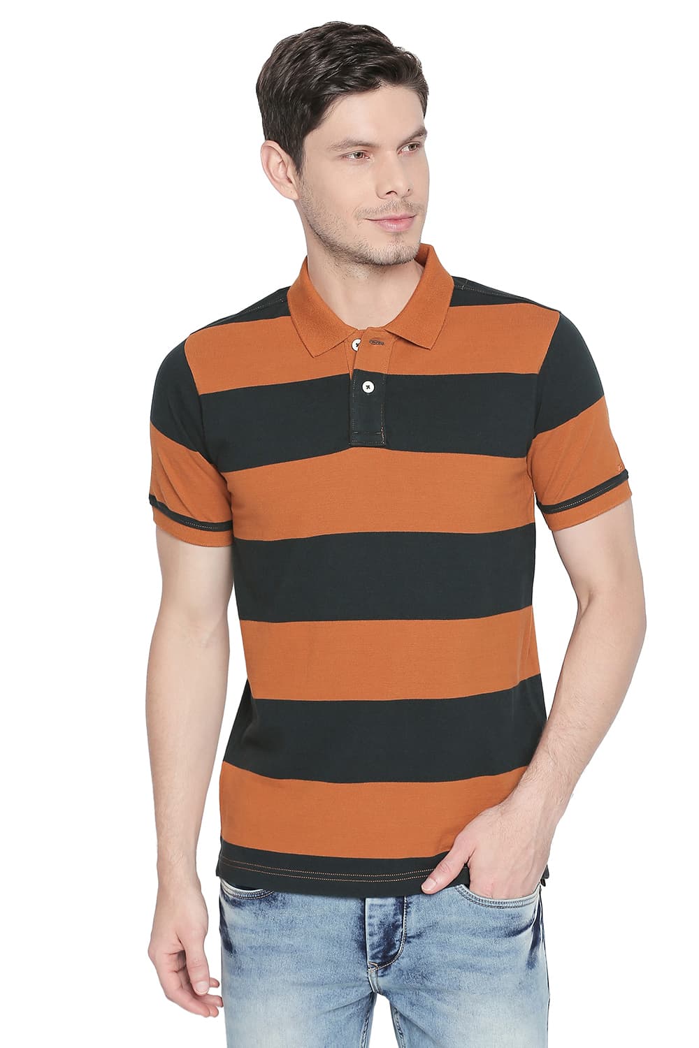 BASICS MUSCLE FIT STRIPE POLO T SHIRT