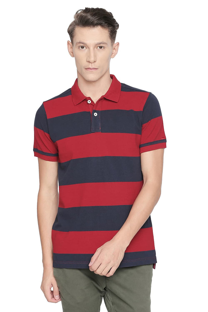 BASICS MUSCLE FIT STRIPE POLO T SHIRT