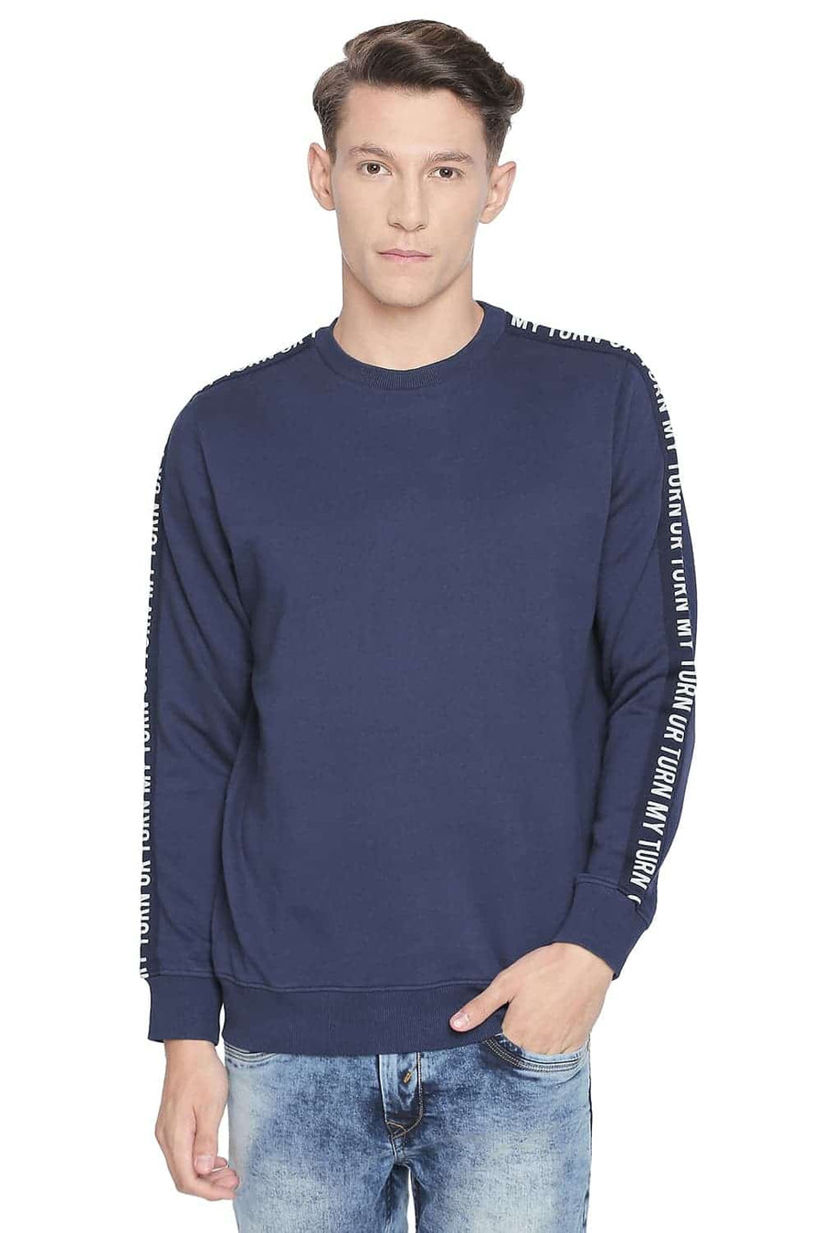 BASICS MUSCLE FIT DRESS BLUE CREW NECK PULLOVER KNIT JACKET