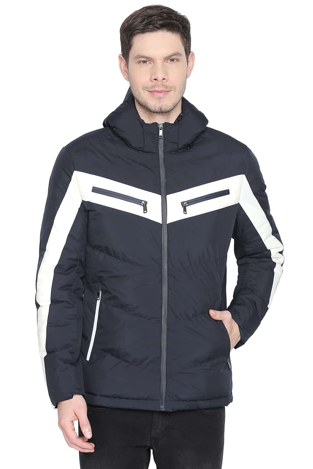 BASICS COMFORT FIT MOOD INDIGO PUFFER JACKET WITH DETACHABLE HOOD