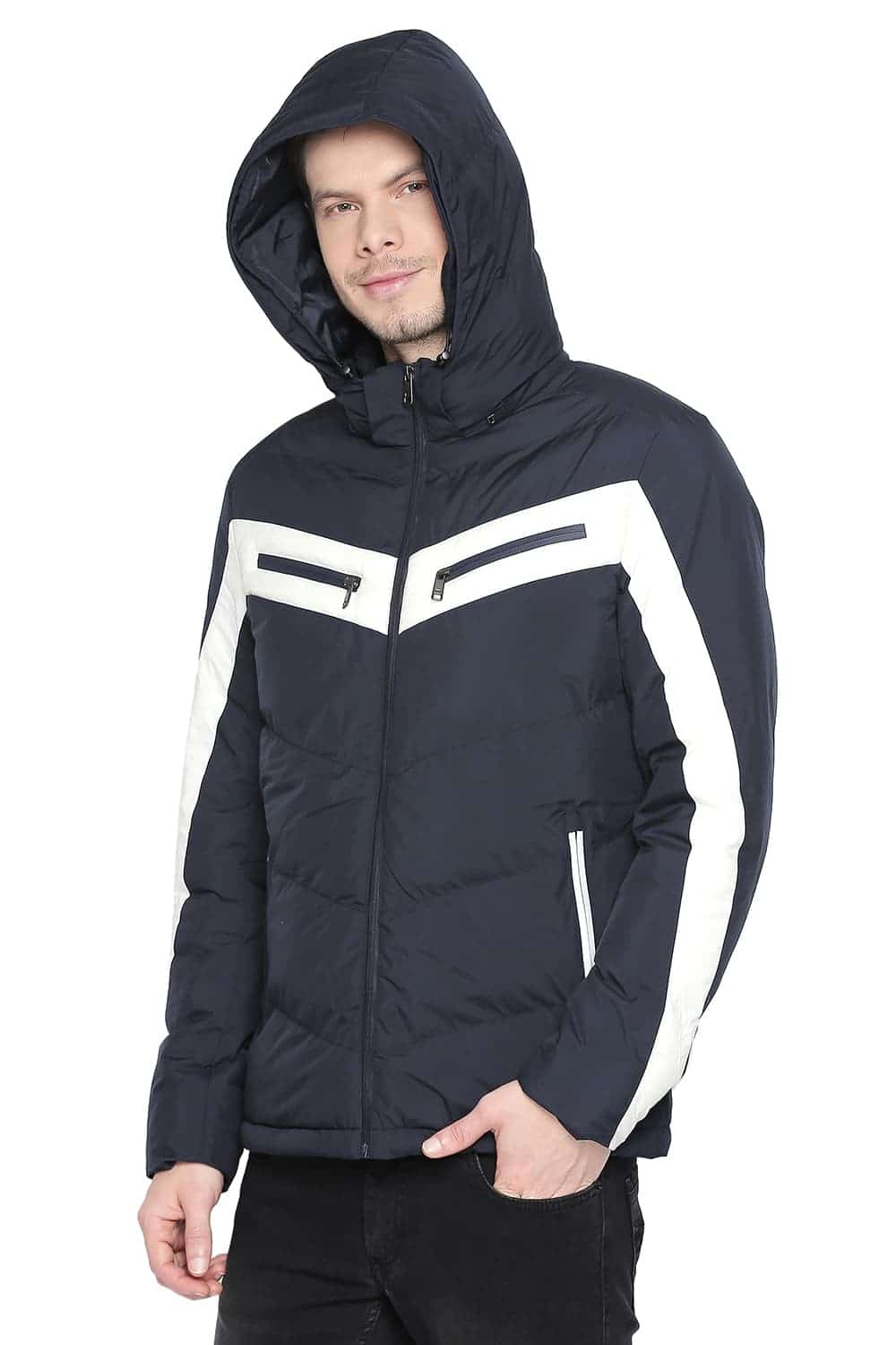 BASICS COMFORT FIT MOOD INDIGO PUFFER JACKET WITH DETACHABLE HOOD