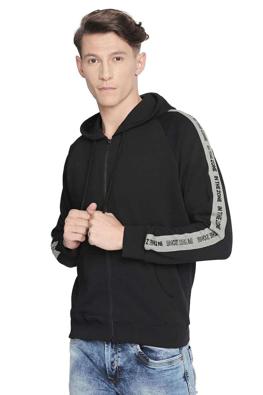 BASICS MUSCLE FIT BLACK BEAUTY RAGLAN HOODED KNIT JACKET