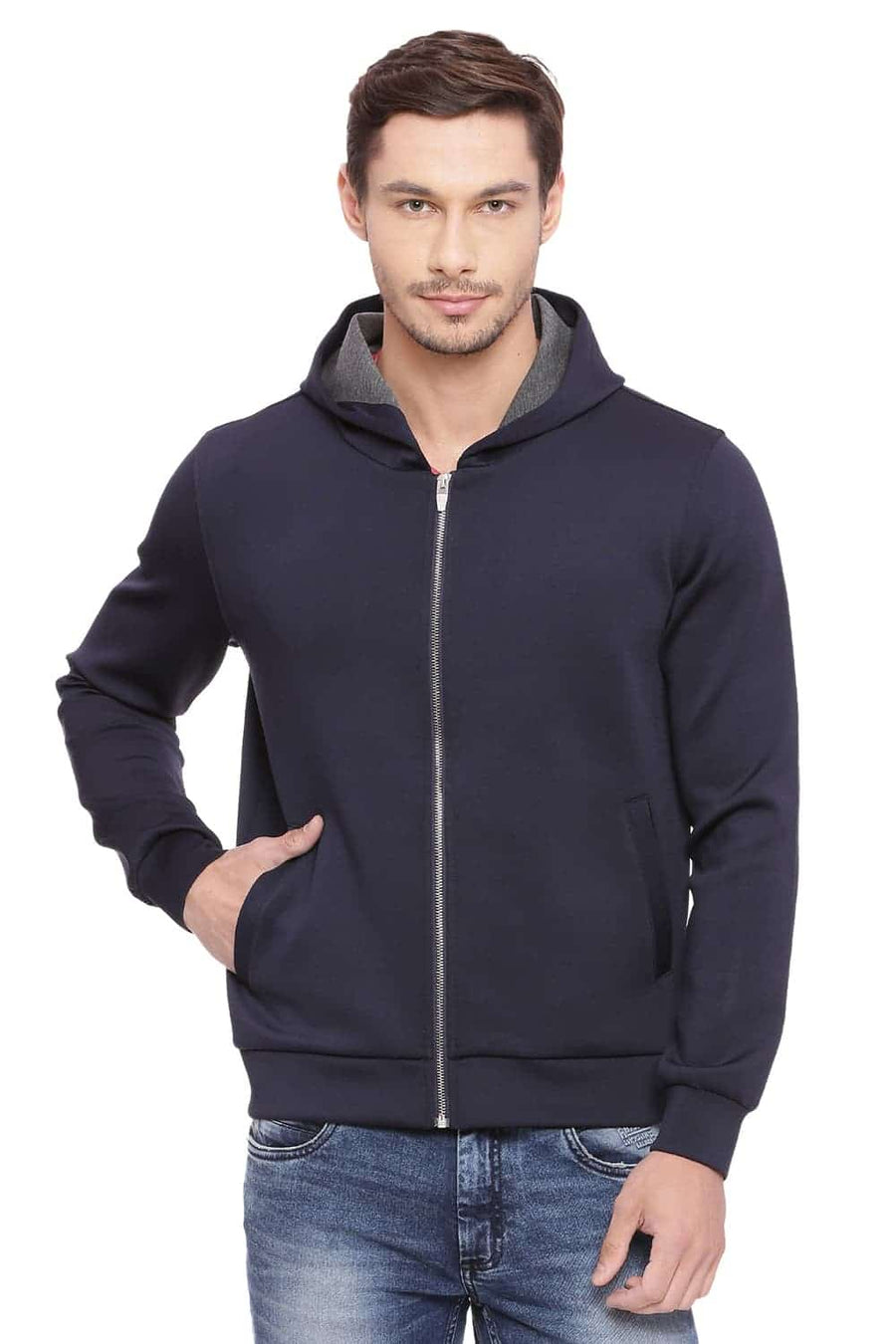 BASICS MUSCLE FIT INSIGNIA BLUE HOODED KNIT JACKET