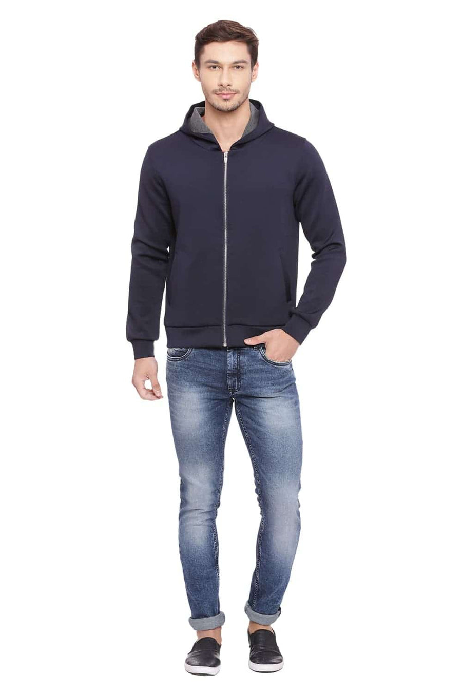 BASICS MUSCLE FIT INSIGNIA BLUE HOODED KNIT JACKET