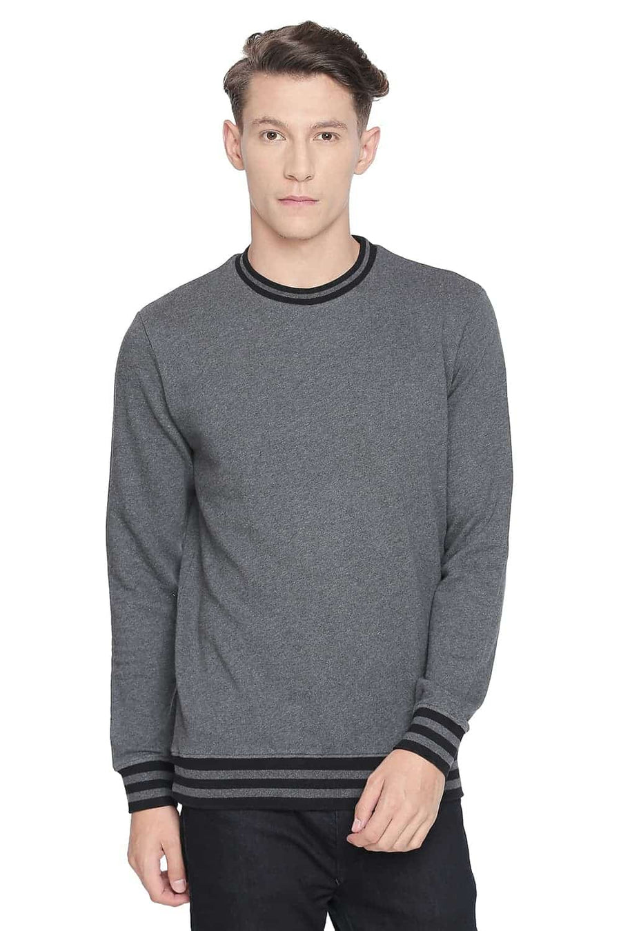 BASICS MUSCLE FIT ANTHRACITE MELANGE CREW NECK PULLOVER KNIT JACKET