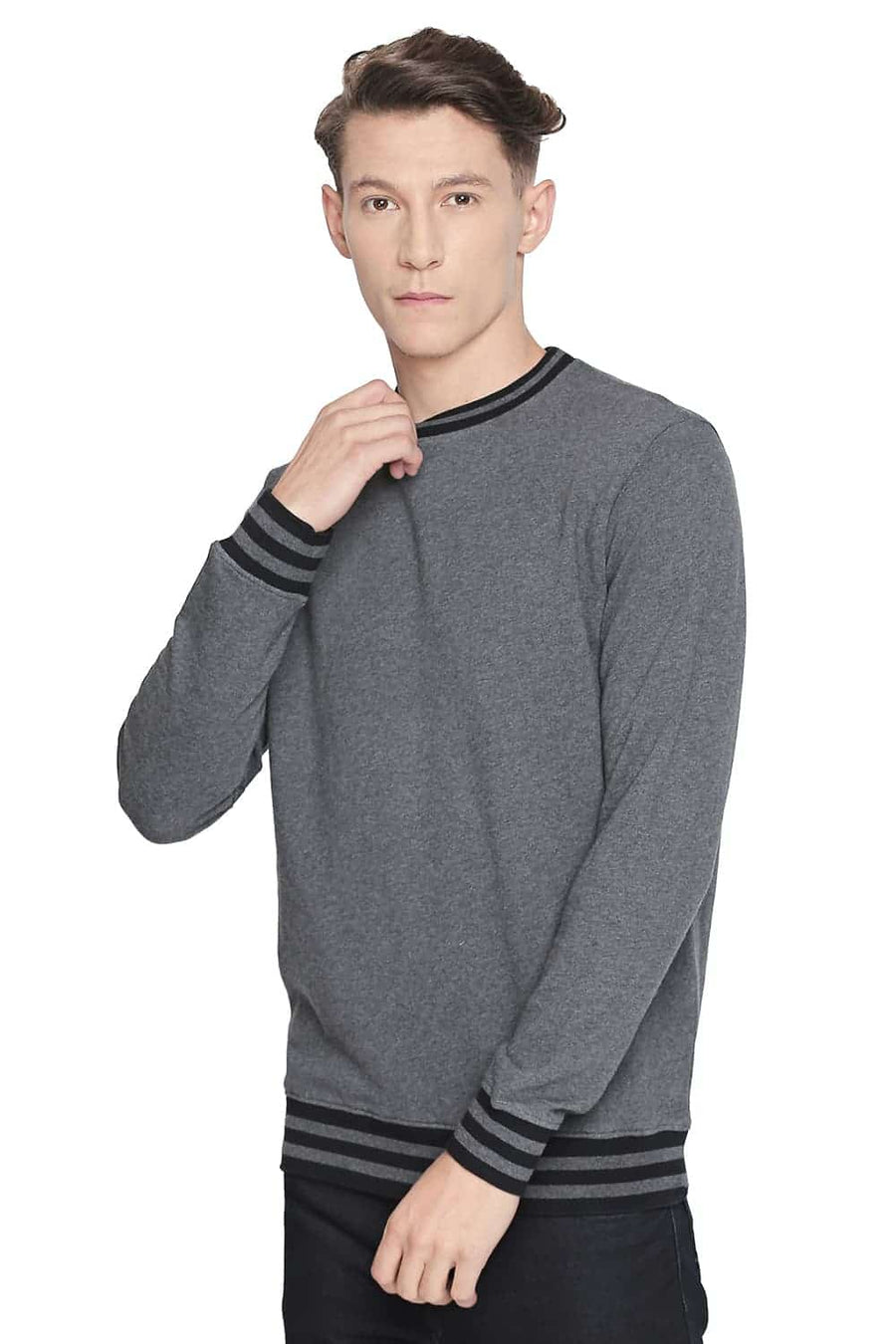 BASICS MUSCLE FIT ANTHRACITE MELANGE CREW NECK PULLOVER KNIT JACKET