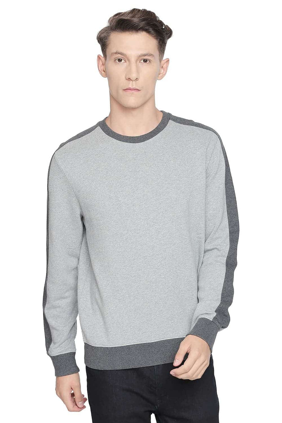 BASICS MUSCLE FIT PEWTER MELANGE CREW NECK PULLOVER KNIT JACKET