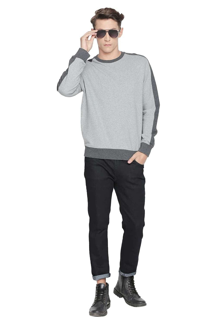 BASICS MUSCLE FIT PEWTER MELANGE CREW NECK PULLOVER KNIT JACKET