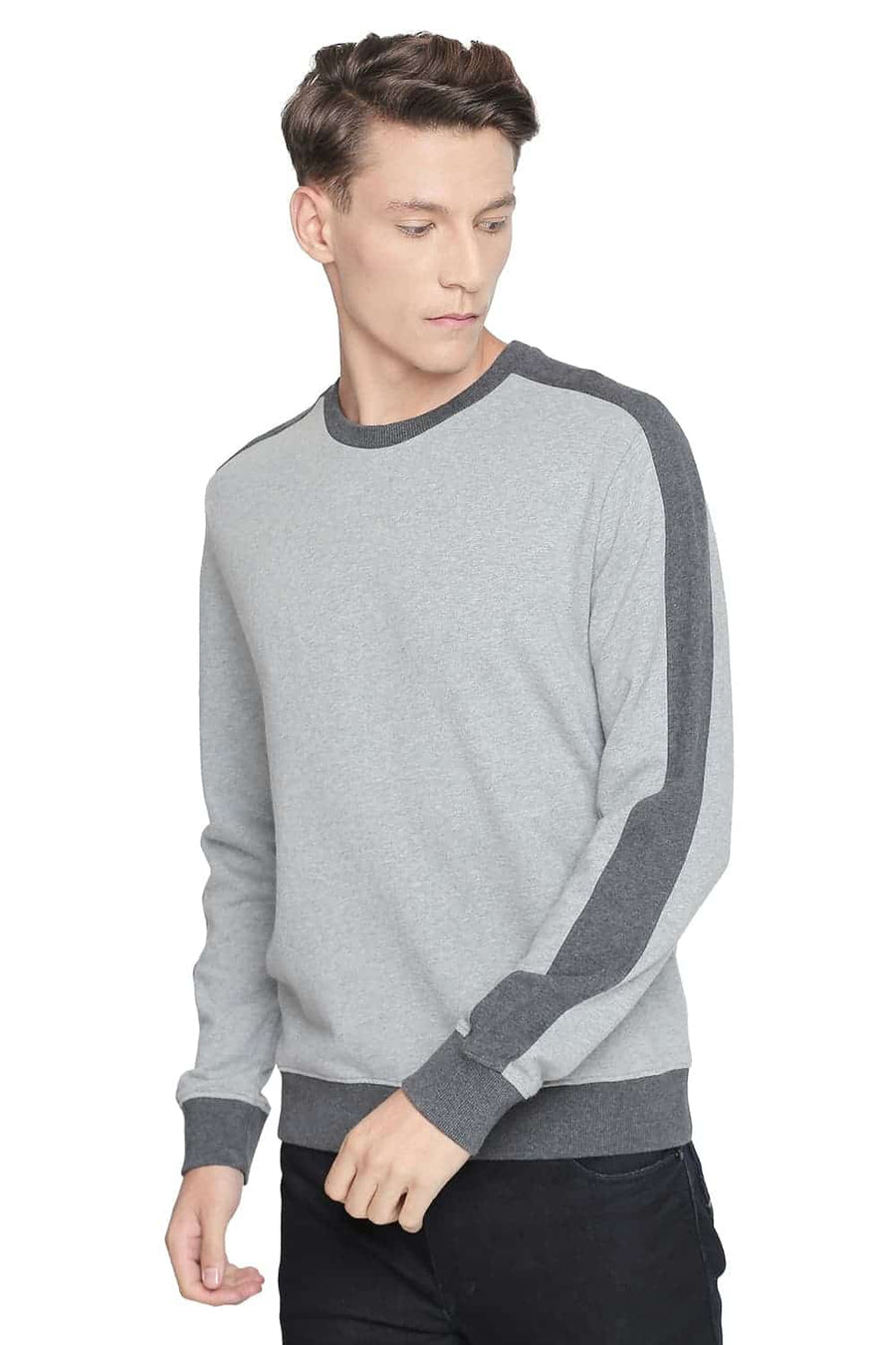 BASICS MUSCLE FIT PEWTER MELANGE CREW NECK PULLOVER KNIT JACKET