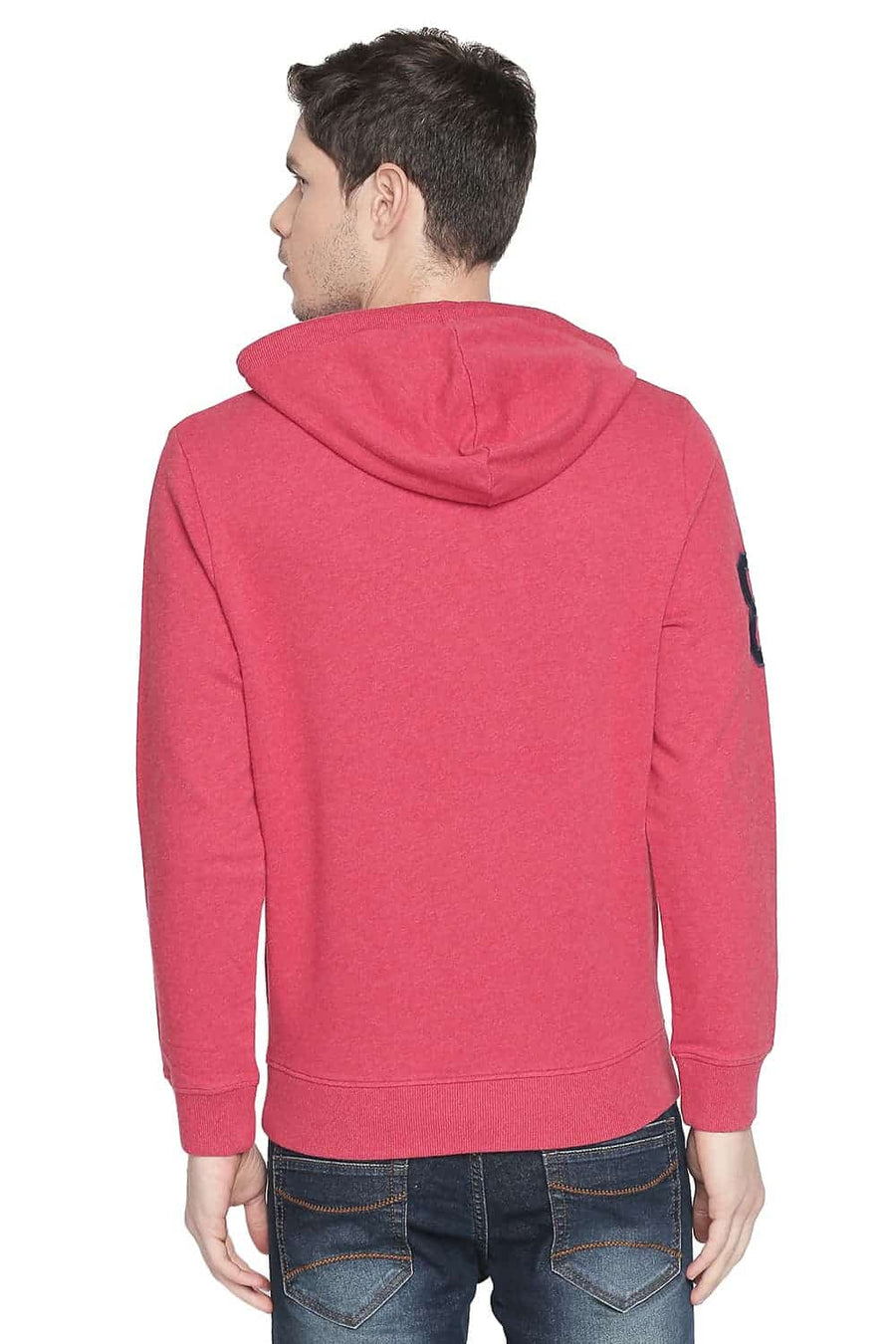 BASICS MUSCLE FIT SCARLET HEATHER HOODED PULLOVER KNIT JACKET
