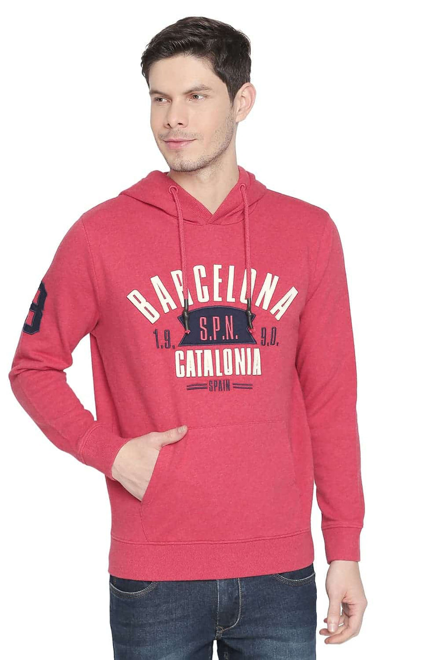 BASICS MUSCLE FIT SCARLET HEATHER HOODED PULLOVER KNIT JACKET