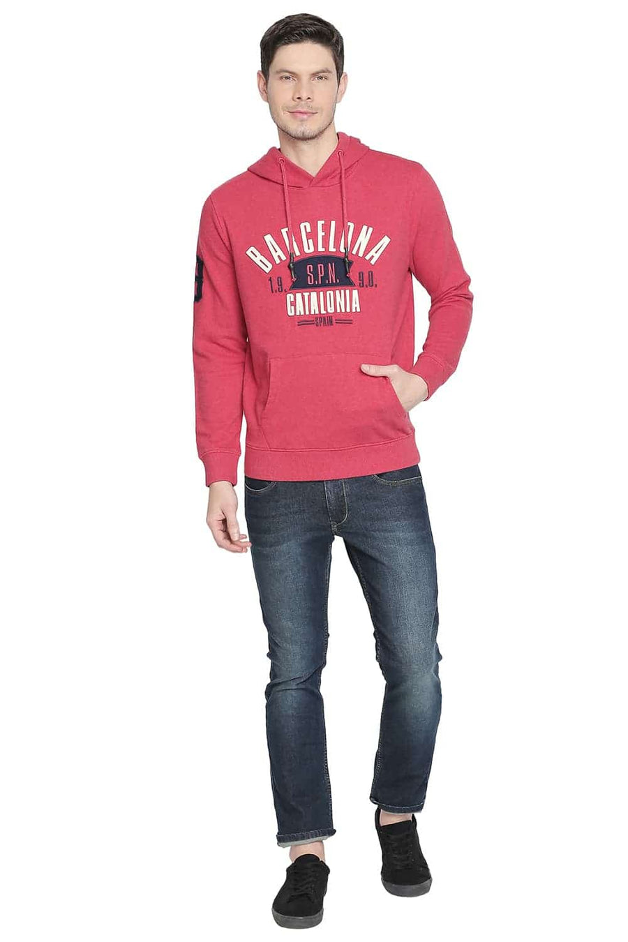 BASICS MUSCLE FIT SCARLET HEATHER HOODED PULLOVER KNIT JACKET