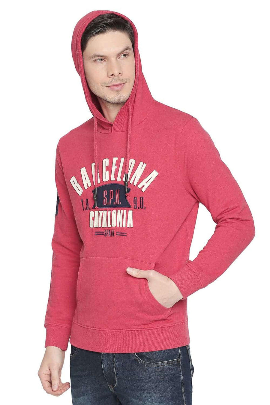 BASICS MUSCLE FIT SCARLET HEATHER HOODED PULLOVER KNIT JACKET