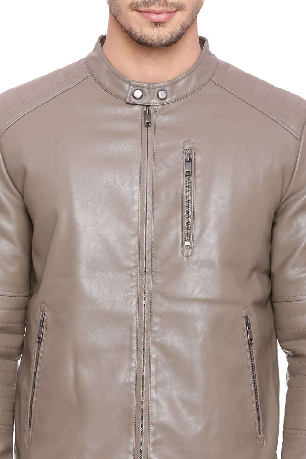 BASICS COMFORT FIT SHITAKE FAUX LEATHER JACKET
