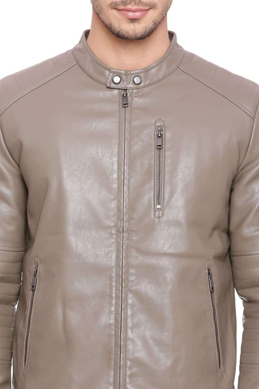 BASICS COMFORT FIT SHITAKE FAUX LEATHER JACKET