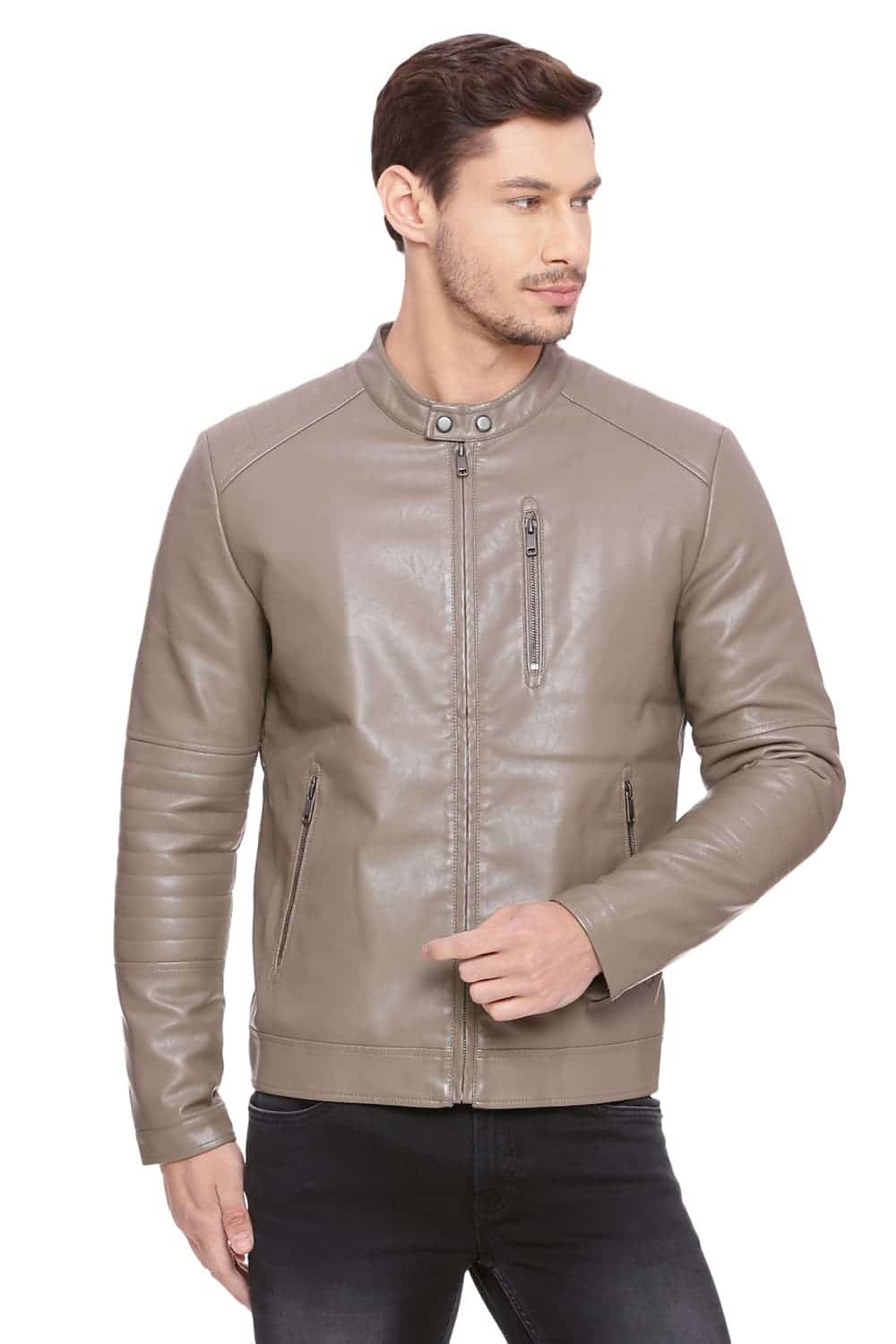 BASICS COMFORT FIT SHITAKE FAUX LEATHER JACKET
