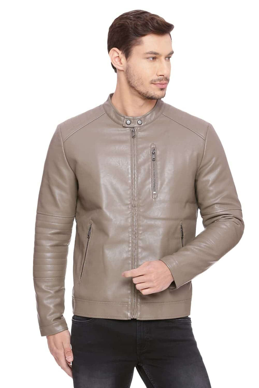 BASICS COMFORT FIT SHITAKE FAUX LEATHER JACKET