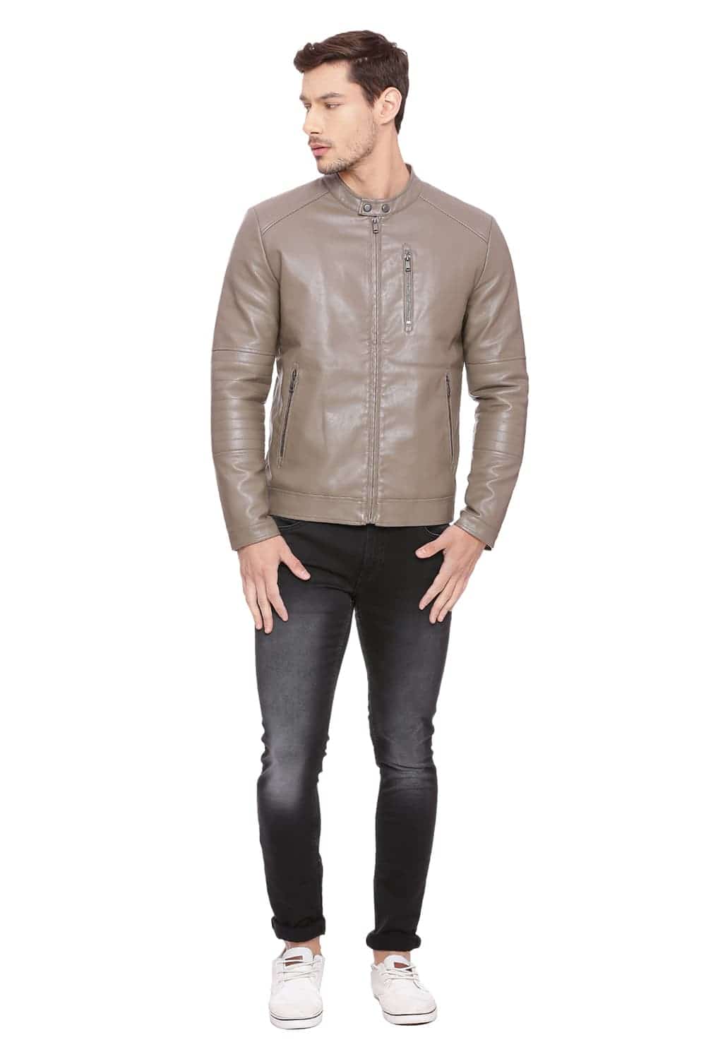BASICS COMFORT FIT SHITAKE FAUX LEATHER JACKET