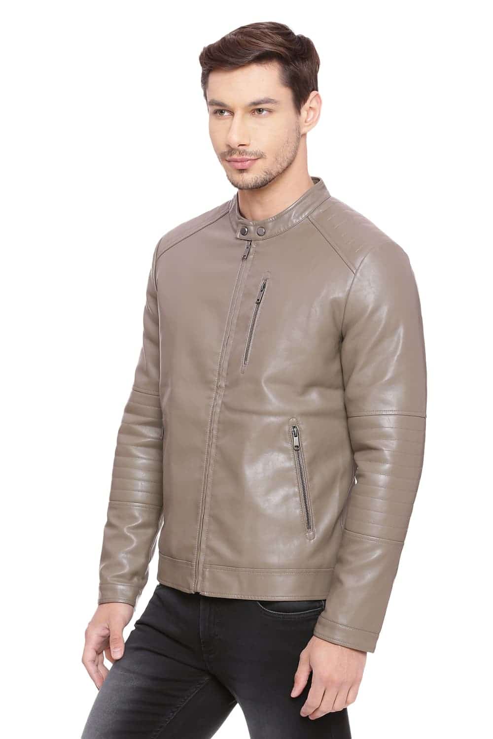 BASICS COMFORT FIT SHITAKE FAUX LEATHER JACKET