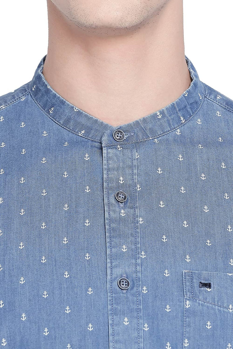 BASICS SLIM FIT INDIGO PRINTED SHIRT