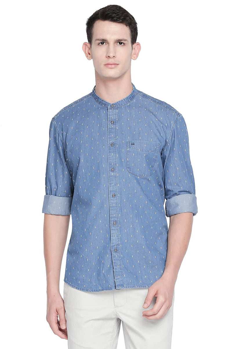 BASICS SLIM FIT INDIGO PRINTED SHIRT