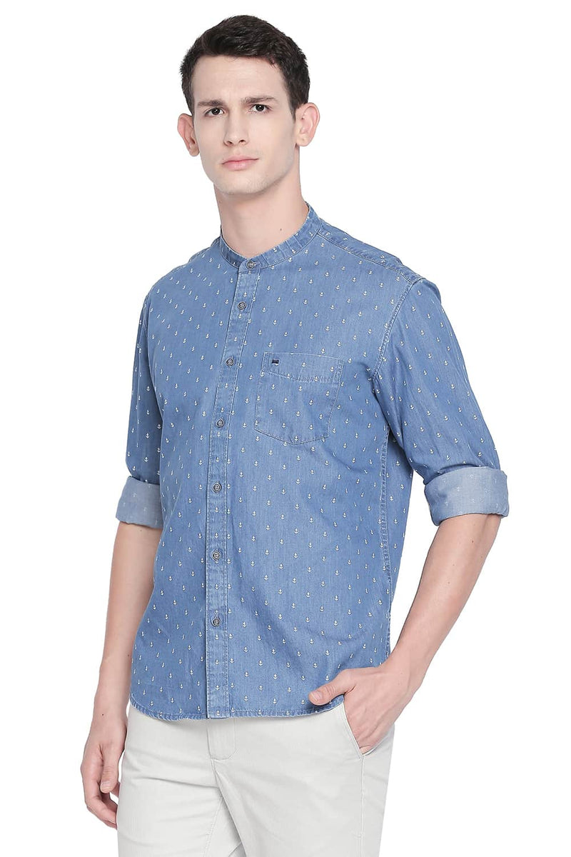 BASICS SLIM FIT INDIGO PRINTED SHIRT