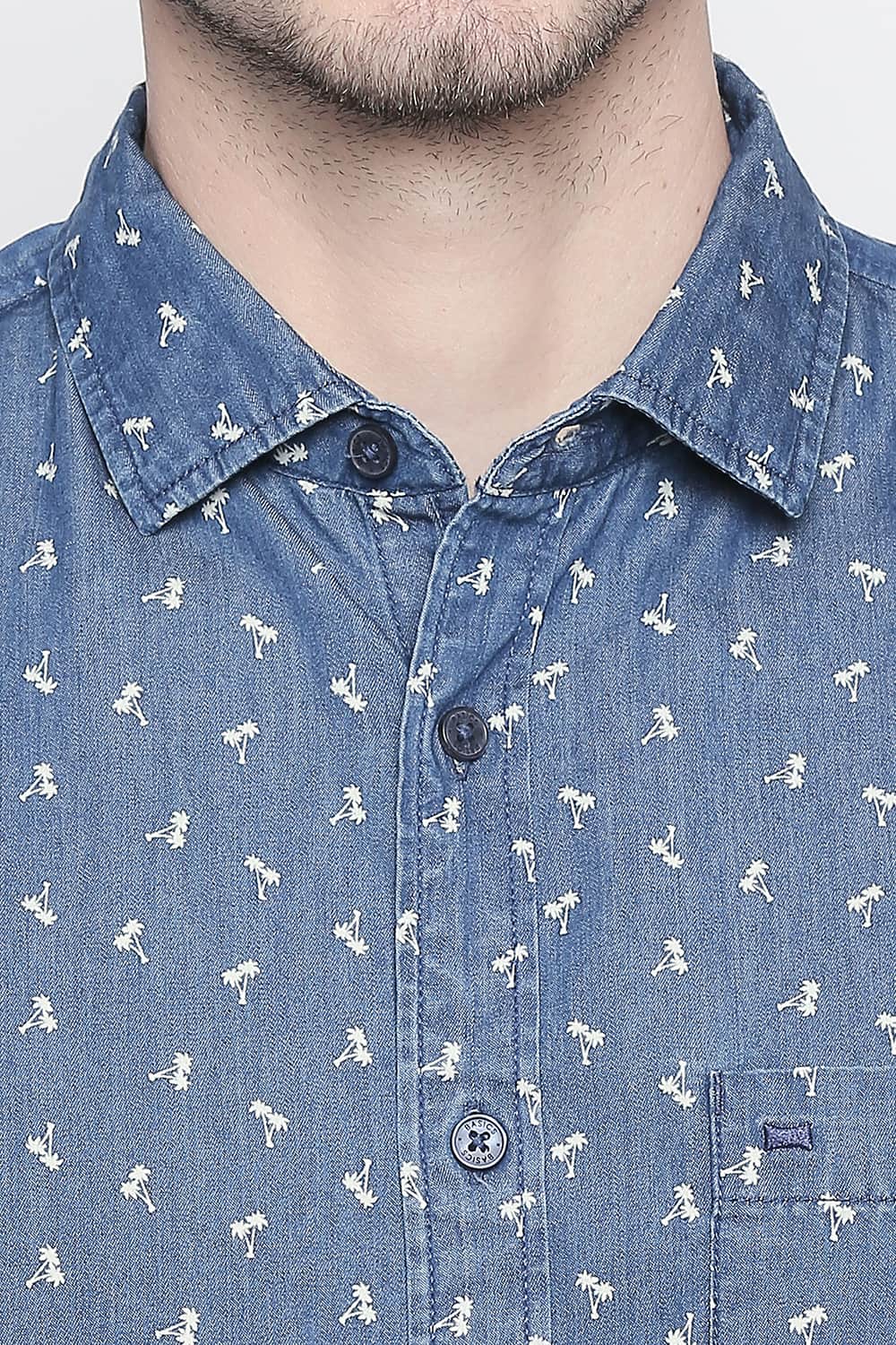 BASICS SLIM FIT DUSK BLUE INDIGO PRINTED SHIRT