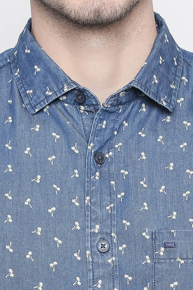 BASICS SLIM FIT INDIGO PRINTED SHIRT