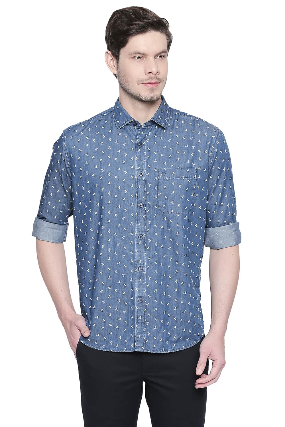 BASICS SLIM FIT INDIGO PRINTED SHIRT