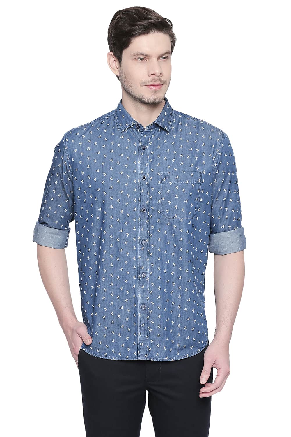 BASICS SLIM FIT DUSK BLUE INDIGO PRINTED SHIRT