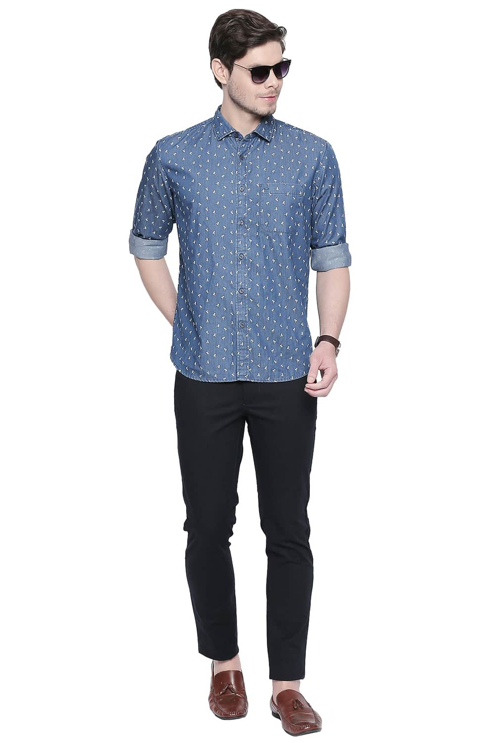 BASICS SLIM FIT INDIGO PRINTED SHIRT