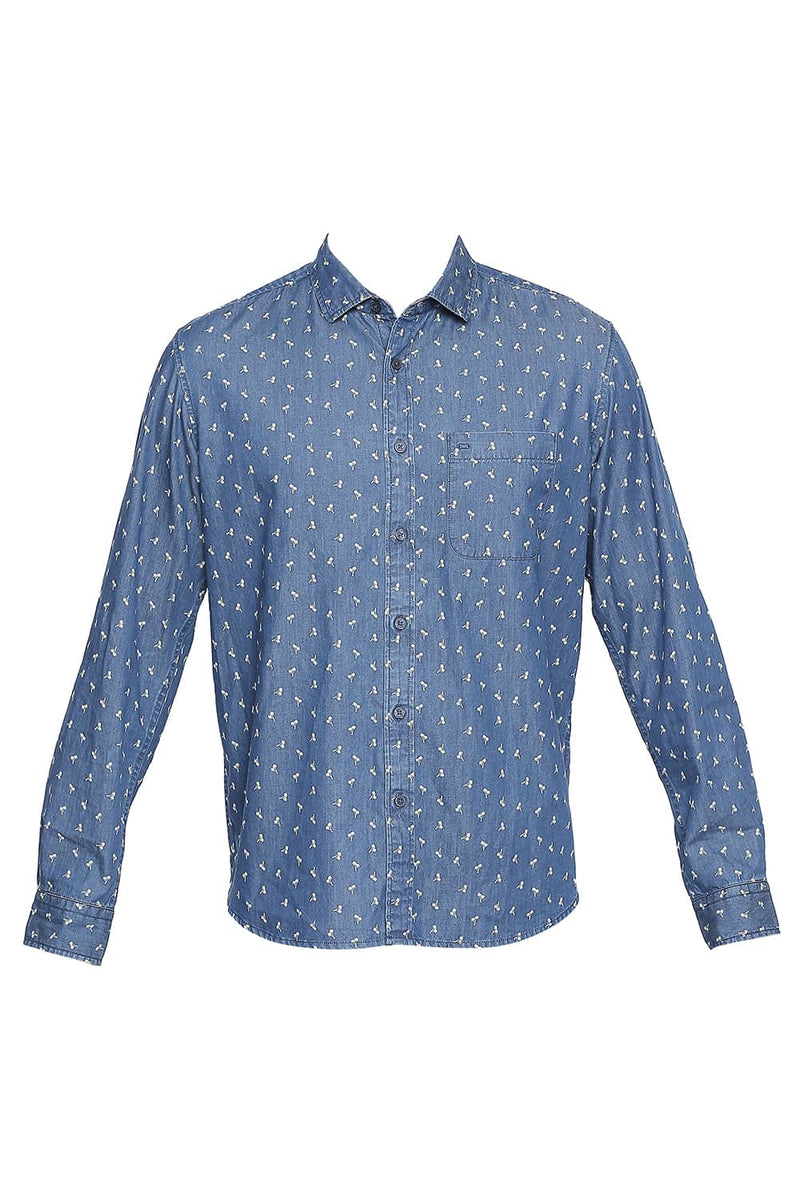 BASICS SLIM FIT INDIGO PRINTED SHIRT