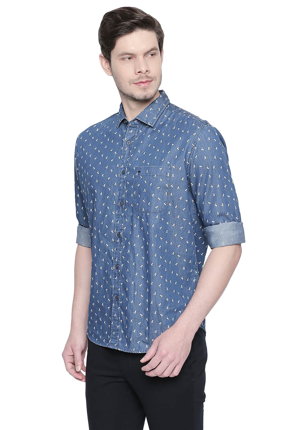 BASICS SLIM FIT DUSK BLUE INDIGO PRINTED SHIRT