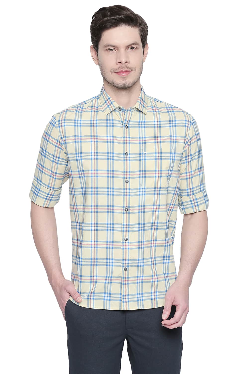 BASICS SLIM FIT PINEAPPLE YELLOW OXFORD CHECKS SHIRT