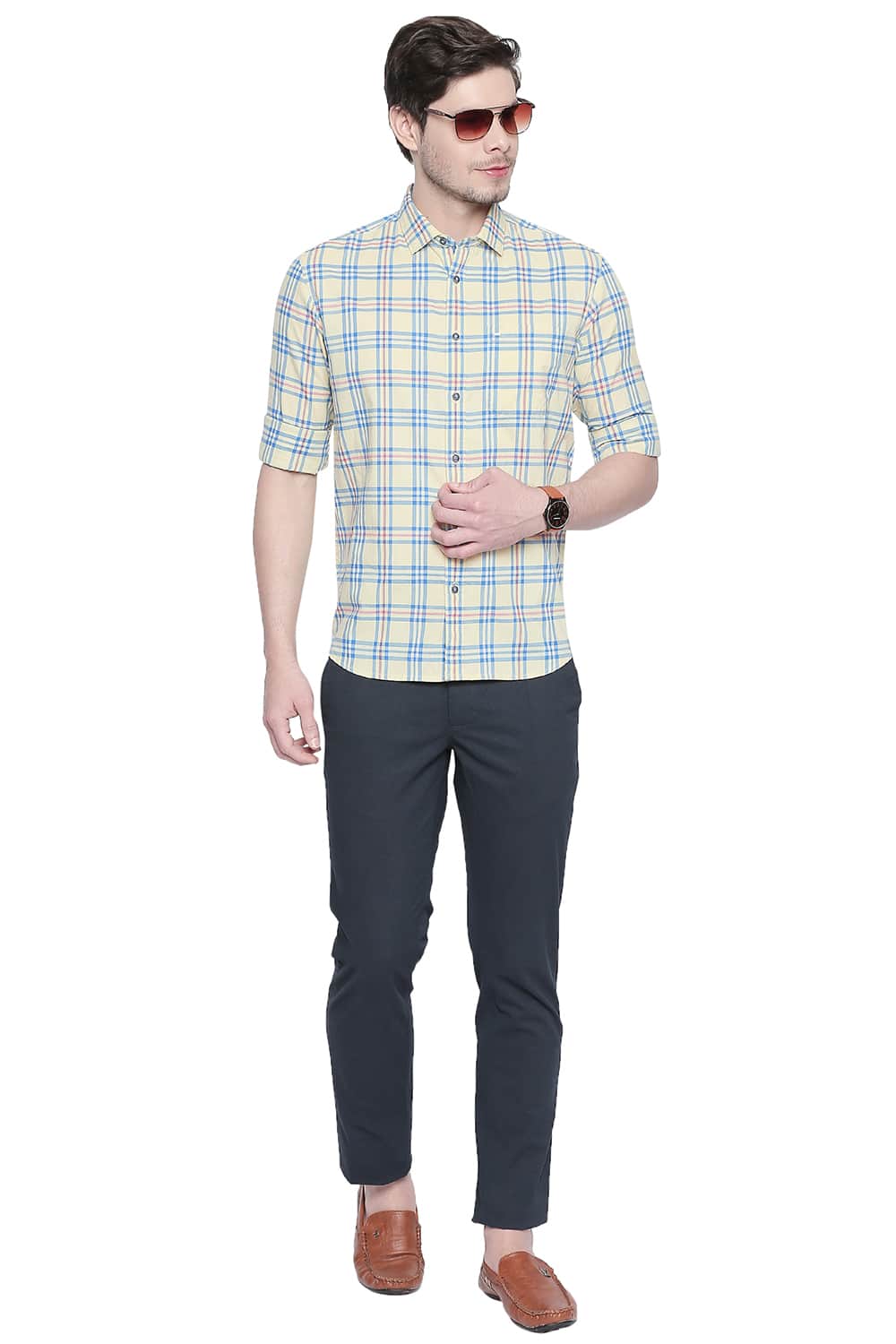 BASICS SLIM FIT PINEAPPLE YELLOW OXFORD CHECKS SHIRT