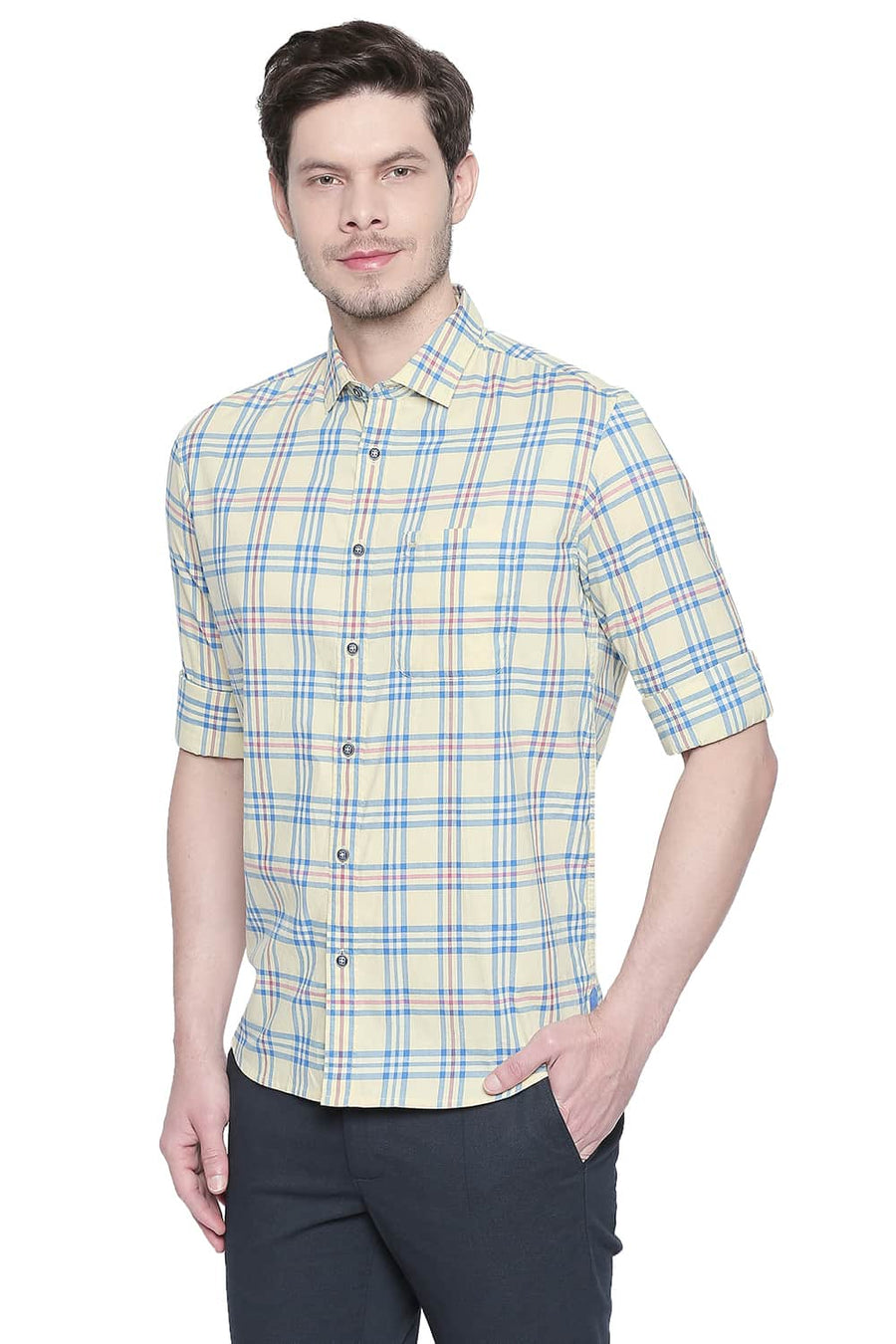 BASICS SLIM FIT PINEAPPLE YELLOW OXFORD CHECKS SHIRT