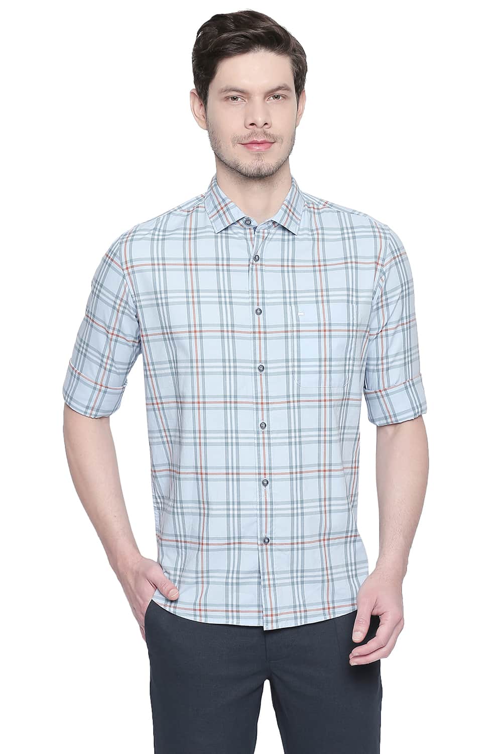 BASICS SLIM FIT DREAM BLUE OXFORD CHECKS SHIRT