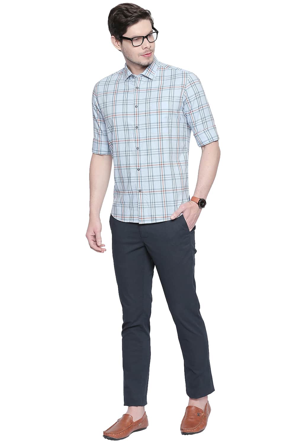 BASICS SLIM FIT DREAM BLUE OXFORD CHECKS SHIRT