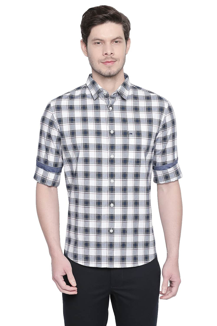 BASICS SLIM FIT PEACOAT NAVY OXFORD CHECKS SHIRT