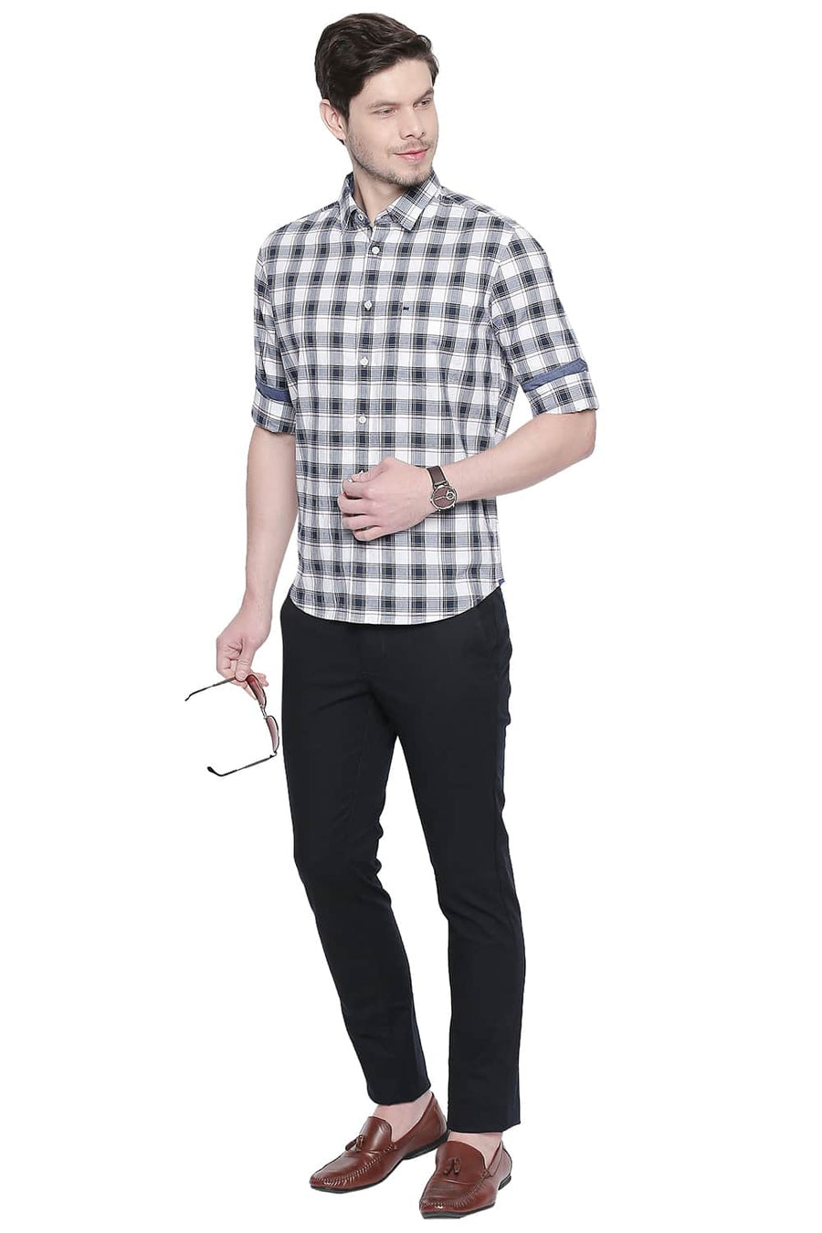 BASICS SLIM FIT PEACOAT NAVY OXFORD CHECKS SHIRT
