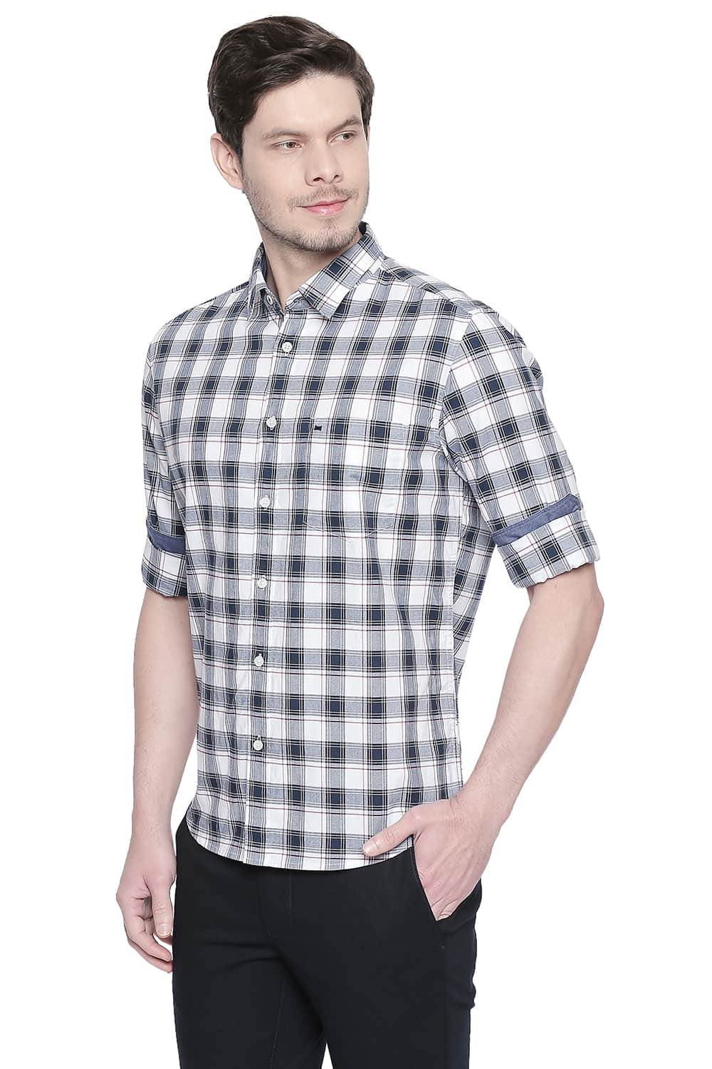 BASICS SLIM FIT PEACOAT NAVY OXFORD CHECKS SHIRT