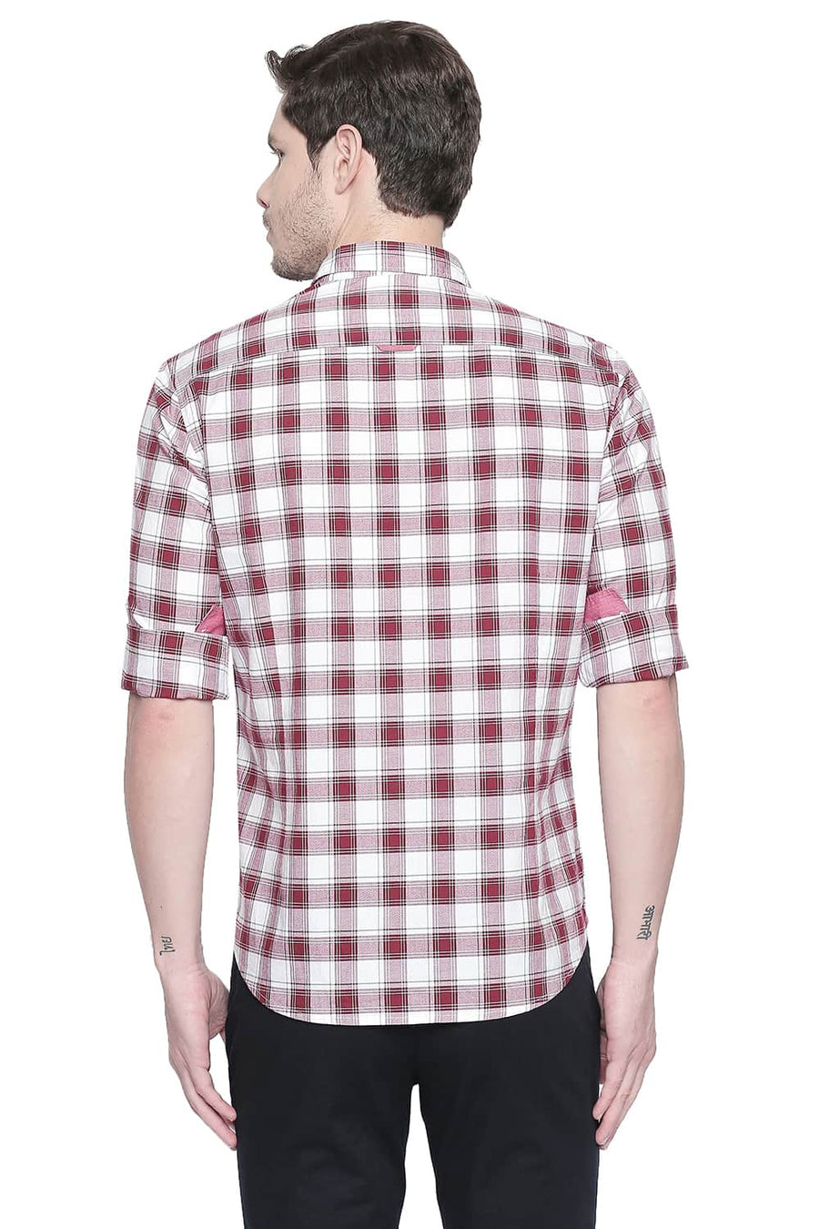 BASICS SLIM FIT RUBY WINE OXFORD CHECKS SHIRT