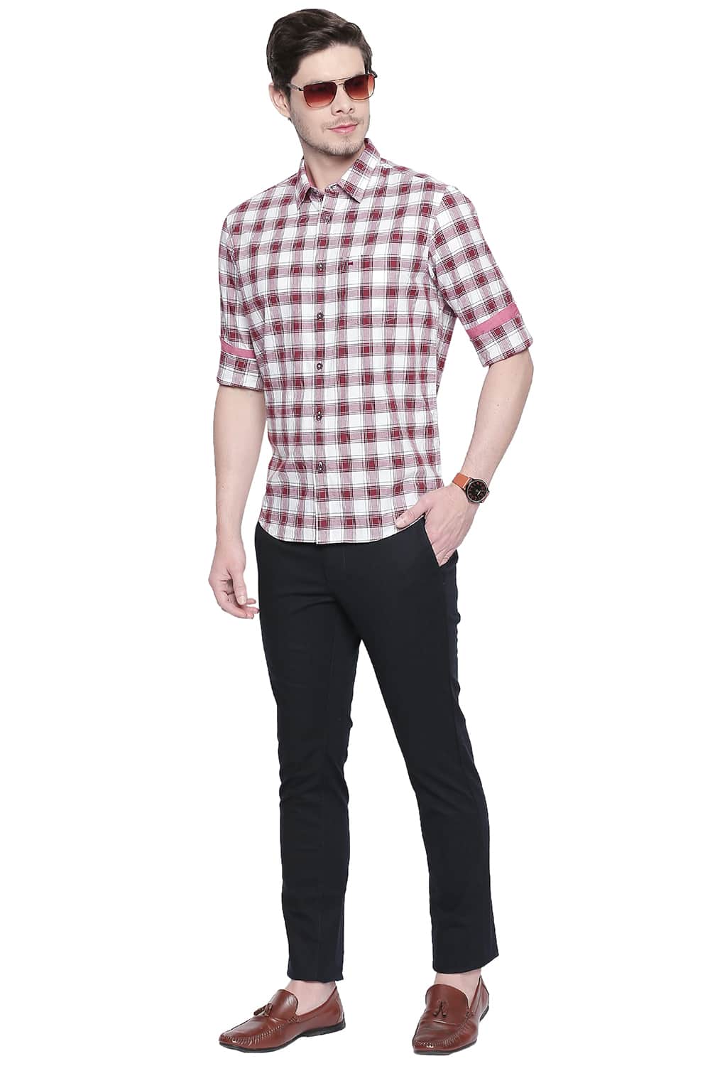BASICS SLIM FIT RUBY WINE OXFORD CHECKS SHIRT