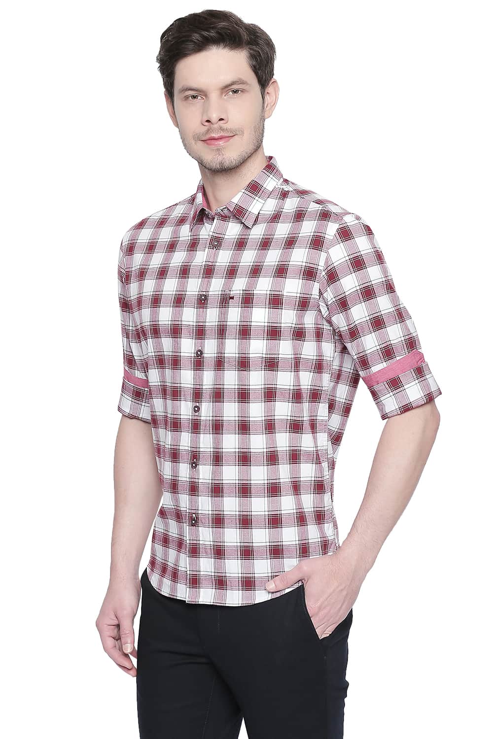 BASICS SLIM FIT RUBY WINE OXFORD CHECKS SHIRT