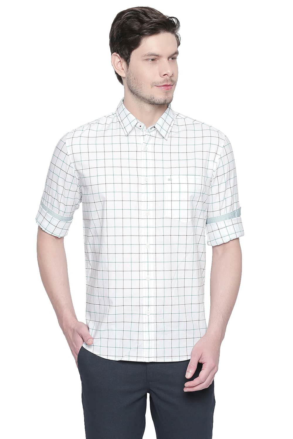BASICS SLIM FIT PARAKEET GREEN OXFORD CHECKS SHIRT