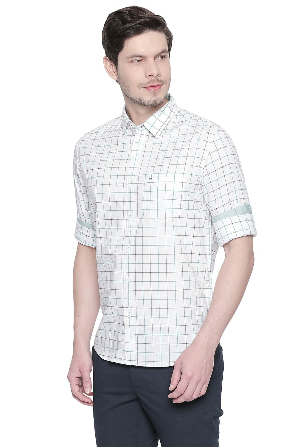 BASICS SLIM FIT PARAKEET GREEN OXFORD CHECKS SHIRT