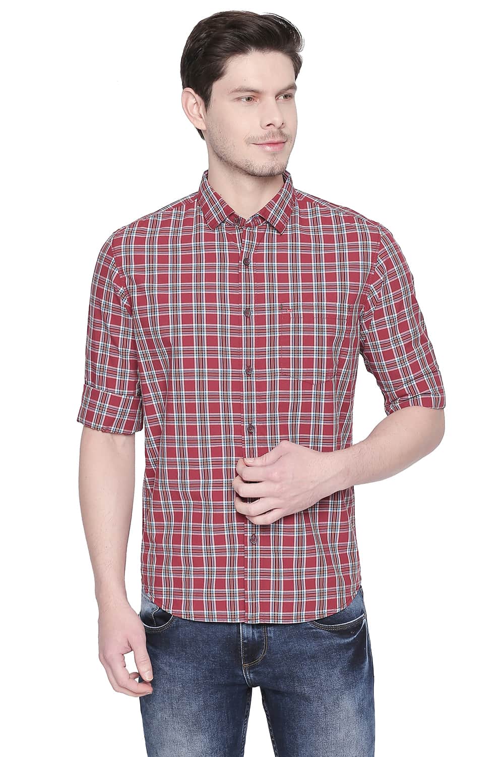 BASICS SLIM FIT EARTH RED CHECKS SHIRT