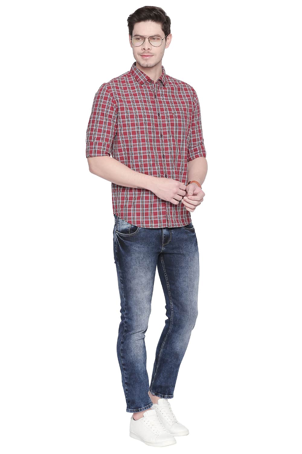 BASICS SLIM FIT EARTH RED CHECKS SHIRT